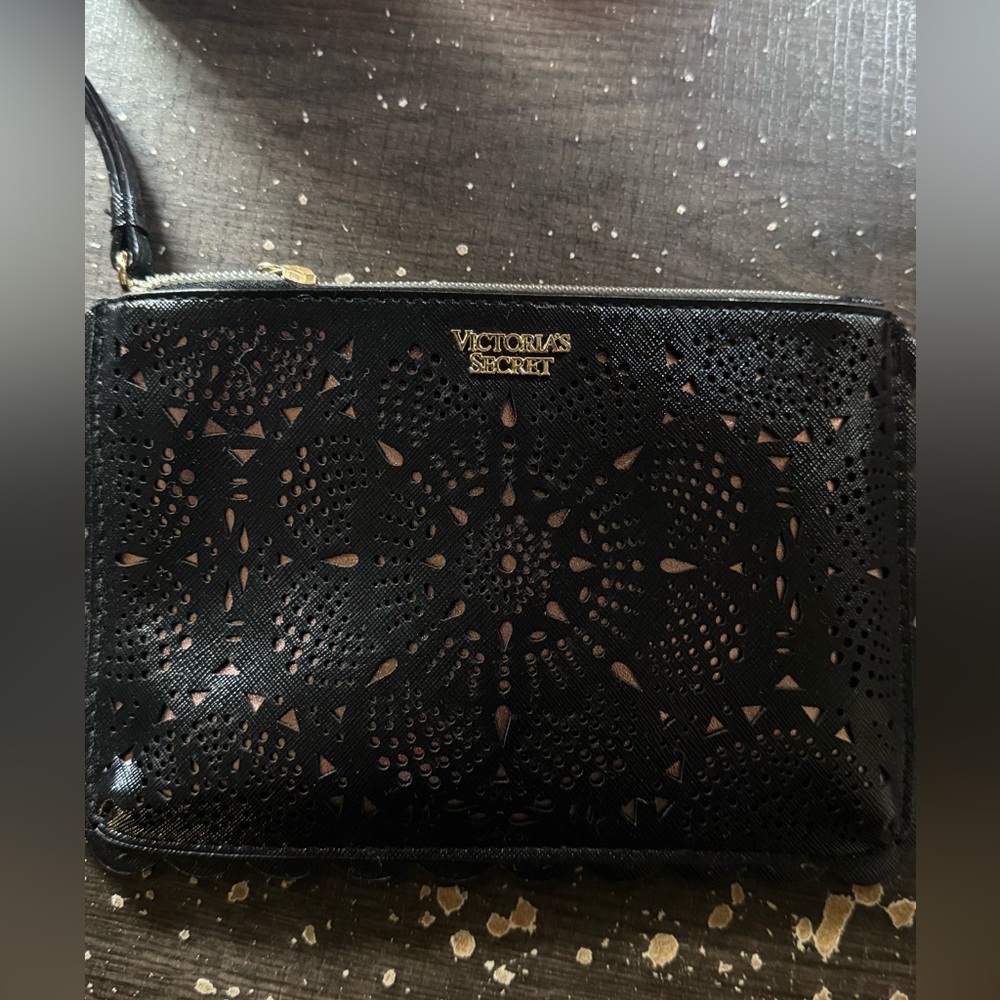 VTG Victoria Secret Black Wristlet Makeup Bag Purse Vinyl Gold Logo